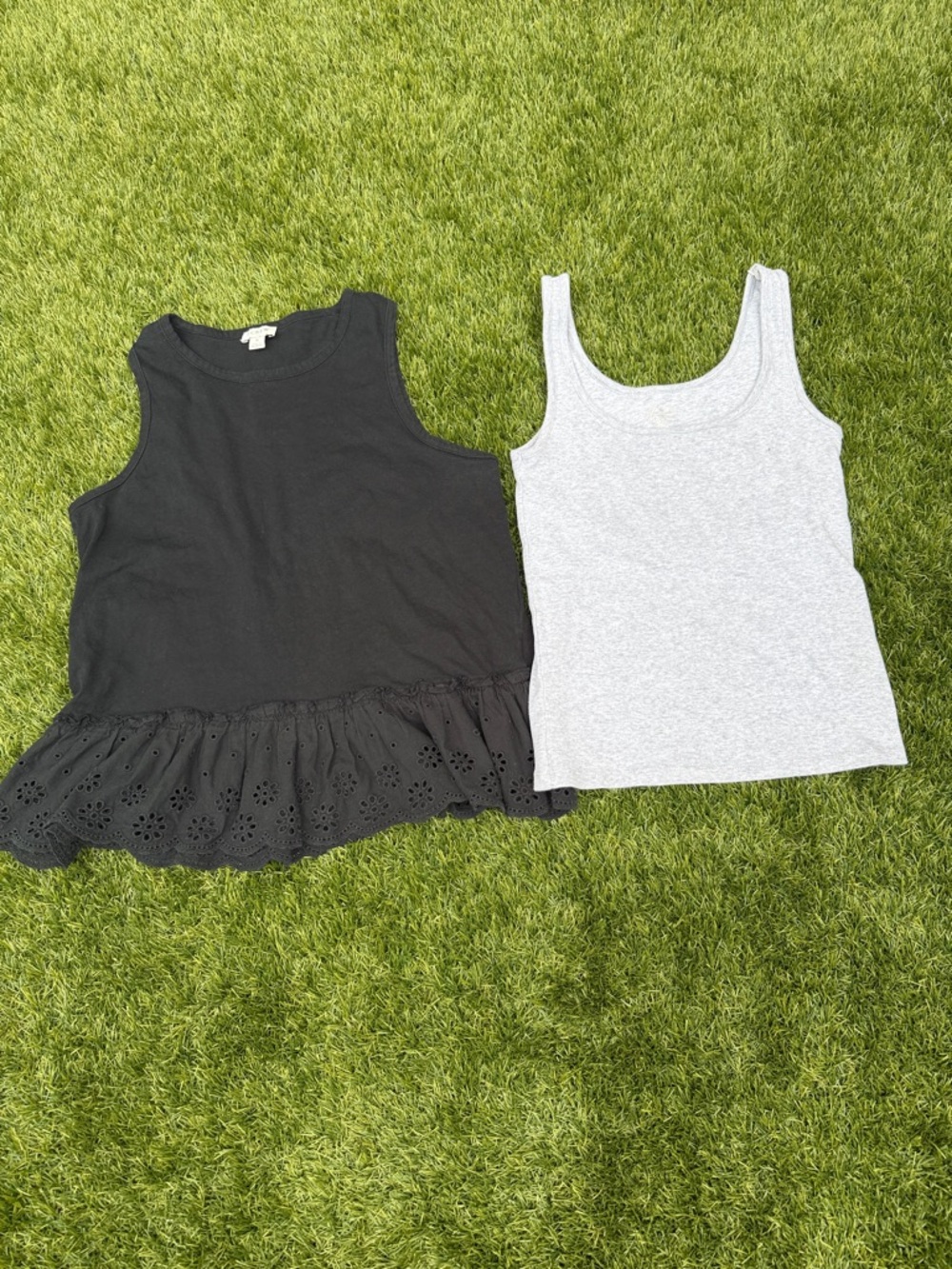 J. Crew women’s Black Eyelet Ruffle Tank & Heather Gray Scoop Tank Set Size S